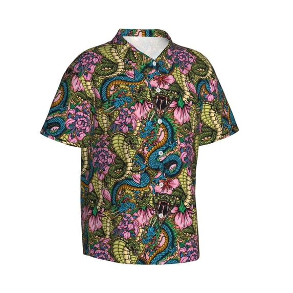 Goofa Snake And Flower Hawaiian Shirt for Men, Unisex Summer Beach Casual Short Sleeve Button Down Shirts,Aloha Tropical Floral print shirt-Medium