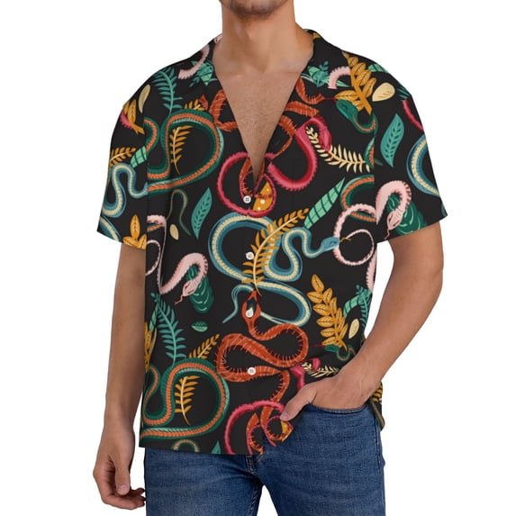 Goofa Snake And Flower Printed Men's Casual Short-sleeved Shirt,Lightweight Breathable Button-down,Summer Casual men's top,Versatile Fashion shirt-Medium