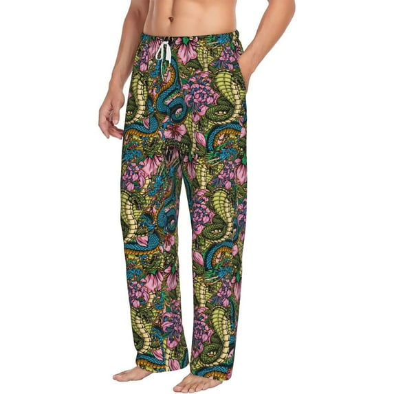 Goofa Snake And Flower Printed Soft Pajama Pants for Men, Wide Leg Comfy Casual Lounge Yoga Pants-Medium