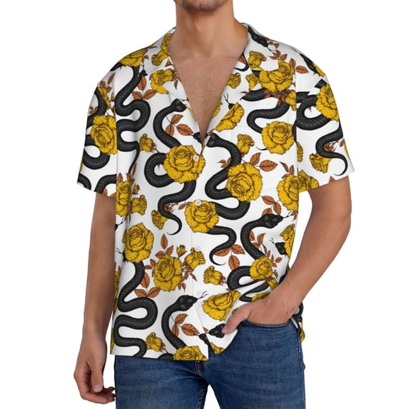 Goofa Snake And Rose Printed Men's Casual Short-sleeved Shirt,Lightweight Breathable Button-down,Summer Casual men's top,Versatile Fashion shirt-4X-Large