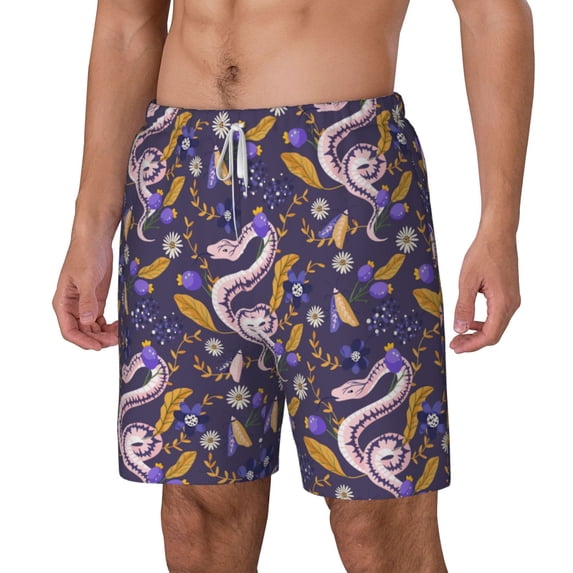 Goofa Snake And Floral Printed Men's Swim Trunks Board Shorts Quick Dry Mens Swimming Trunks with Compression Liner,Breathable Fit Hawaii Beach Shorts-X-Large
