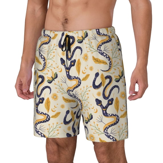 Goofa Snake And Floral Printed Men's Swim Trunks Board Shorts Quick Dry Mens Swimming Trunks with Compression Liner,Breathable Fit Hawaii Beach Shorts-