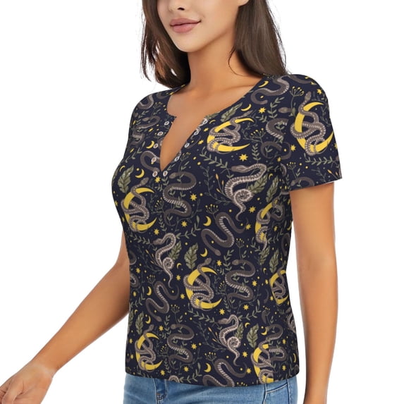 Goofa Snake Sleep Pattern Womens Deep V Neck Low Cut Tops Casual Summer Short Sleeve Ribbed Knit T-Shirts-Small