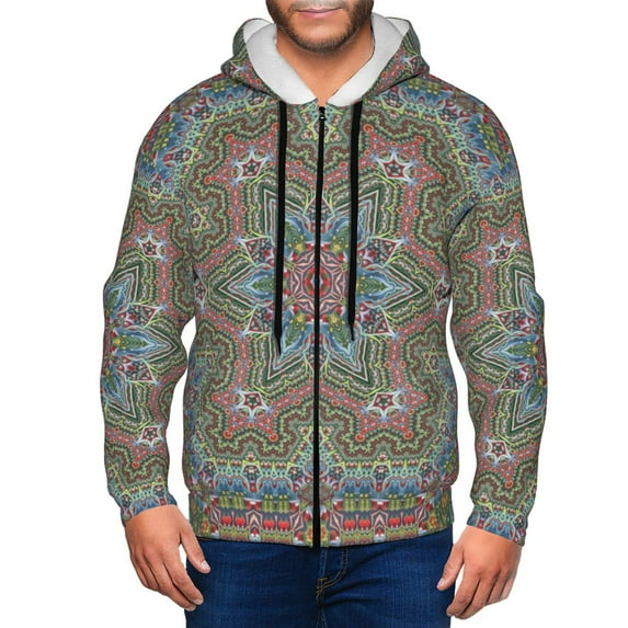 Goofa Snowflake Colorful Pattern Mens Full-zip Hoodie, Zip-up Pullover Hooded Sweatshirt, Kangaroo Pocket Hoodie Ideal for Daily Wear, Travel, and Home-Large
