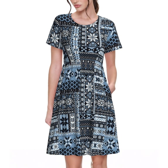 Goofa Snowflake Vintage Pattern Pattern Women Summer Short Sleeve Midi Dress with Pockets Casual Aline Flowy Tshirt Dress Vocation Beach Sundress