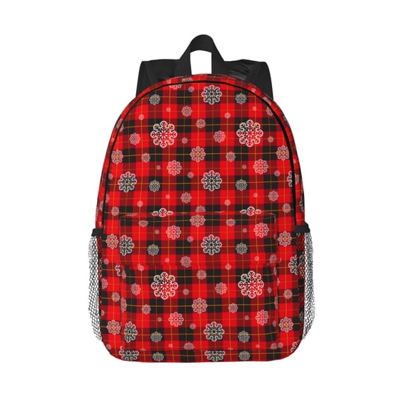 Goofa Snowflakes On A Buffalo Plaid Pattern Lightweight Student Backpack for School, Water-Resistant, Adjustable Straps, Fits 15" Laptop, Multiple Pockets for Books, Accessories