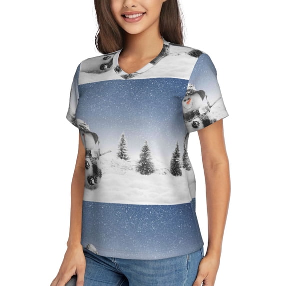 Goofa Snowman And Christmas Tree Pattern Women's Slim-Fit Short-Sleeve V-Neck T-Shirt,Classic-Fit Short-Sleeve V-Neck T-Shirt-Small