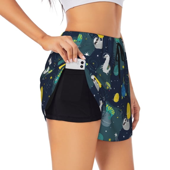Goofa Space and Animals Printed Women 2 in 1 Running Shorts,Quick Dry Athletic Workout Shorts,High Waisted Athletic Shorts with Liner Pockets-XX-Large