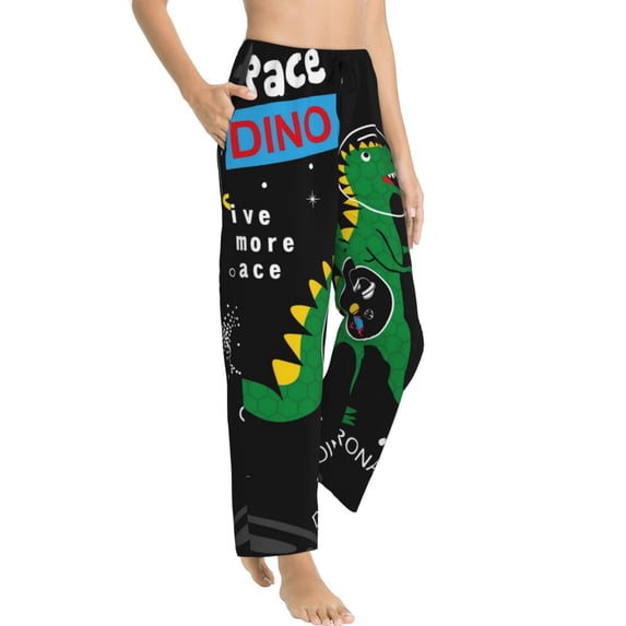 Goofa Space Dino Cartoon Black Printed Soft Pajama Pants for Women, Wide Leg Comfy Casual Lounge Yoga Pants-Large
