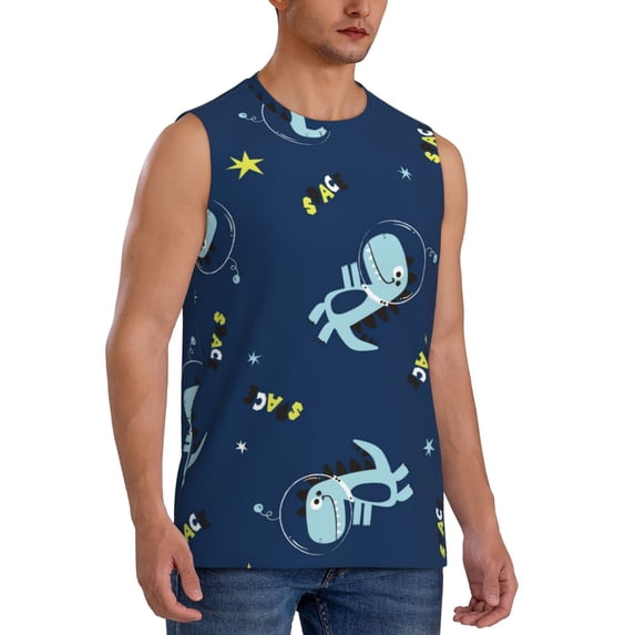 Goofa Space Dinosaur Printed Men's Sleeveless T-Shirt - Athletic Gym Workout Tank Top for Men - Moisture-Wicking, UPF 30+ Quick-Dry Muscle Tee-Medium
