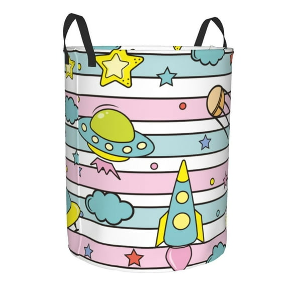 Goofa Space Doodle Printed Circular Hamper,Laundry Basket with Handles,Storage Baskets Foldable,Large Capacity Laundry Hamper-