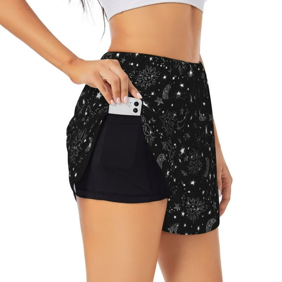 Goofa Space Galaxy Printed Women 2 in 1 Running Shorts,Quick Dry Athletic Workout Shorts,High Waisted Athletic Shorts with Liner Pockets-Small