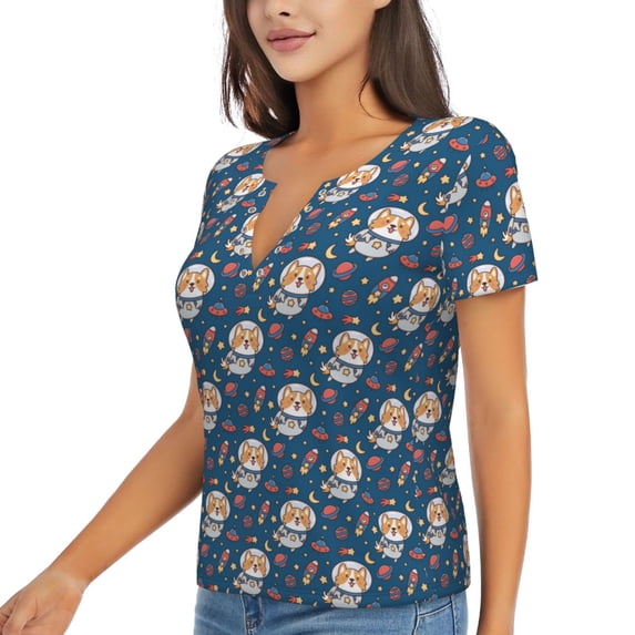 Goofa Space Puppy Pattern Womens Deep V Neck Low Cut Tops Casual Summer Short Sleeve Ribbed Knit T-Shirts-Large