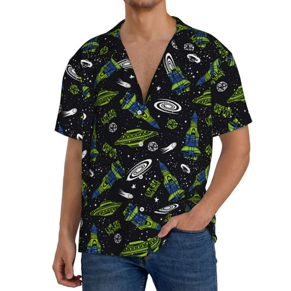 Goofa Space Rockets Printed Men's Casual Short-sleeved Shirt,Lightweight Breathable Button-down,Summer Casual men's top,Versatile Fashion shirt-3X-Large