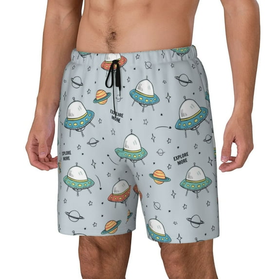 Goofa Spaceship Printed Men's Swim Trunks Board Shorts Quick Dry Mens Swimming Trunks with Compression Liner,Breathable Fit Hawaii Beach Shorts-X-Large