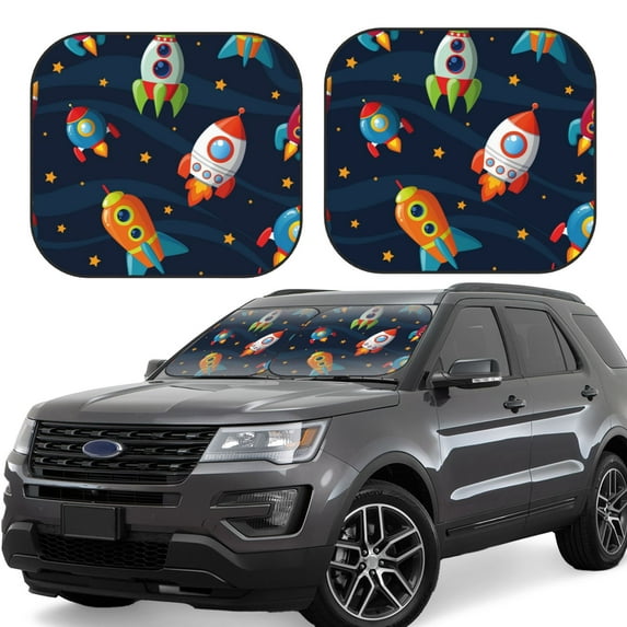Goofa Spaceships and Stars Pattern 2 Piece Car Windshield Sun Shade Foldable | Front Windshield Shade for Sun, Heat and UV Rays | Sunshade for Car Front Window-Medium