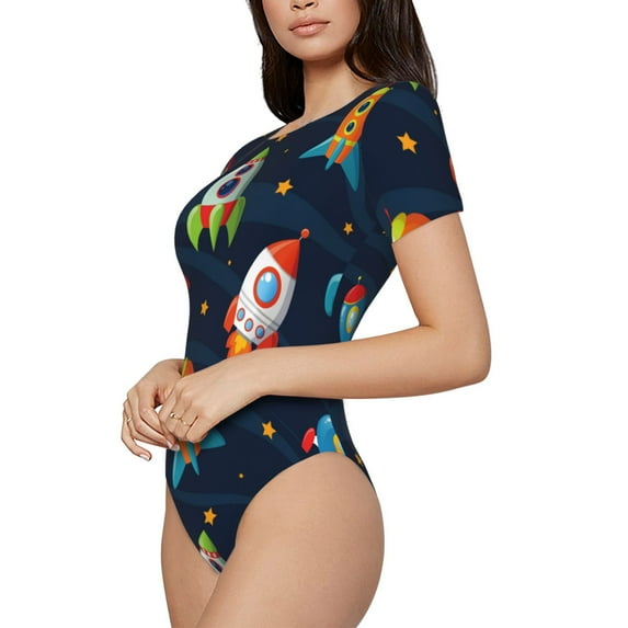 Goofa Spaceships and Stars Printed Women Rash Guard Short Sleeve,Tummy control Swimsuit Surfing Swimsuit Bathing Suit One Piece Swimsuit UPF 50-XX-Large