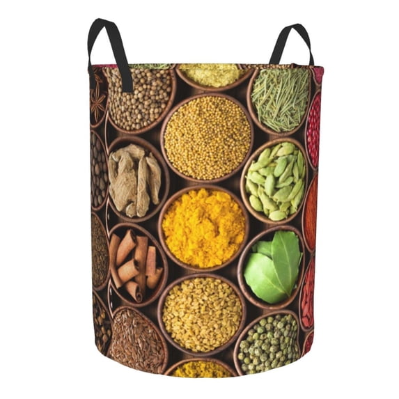 Goofa Spices And Herbs Printed Circular Hamper,Laundry Basket with Handles,Storage Baskets Foldable,Large Capacity Laundry Hamper-Medium