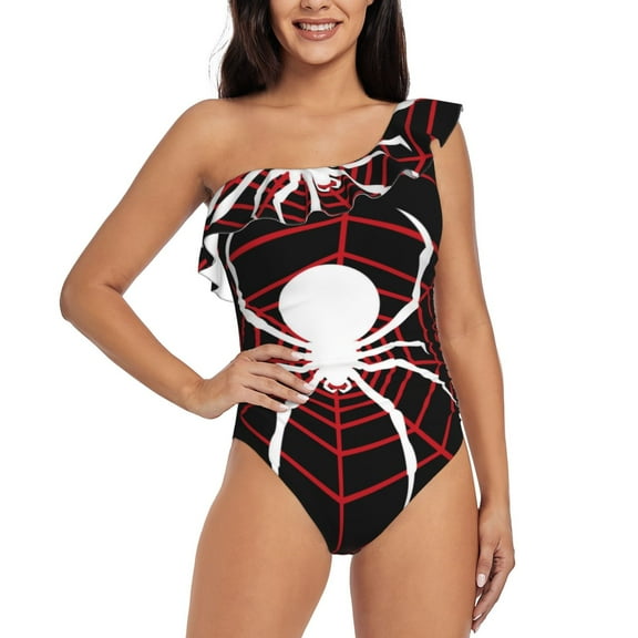 Goofa Spider On The Web Pattern Women's One Piece Swimsuits Tummy Control Bathing Suits Asymmetric One Shoulder Swimwear-Medium