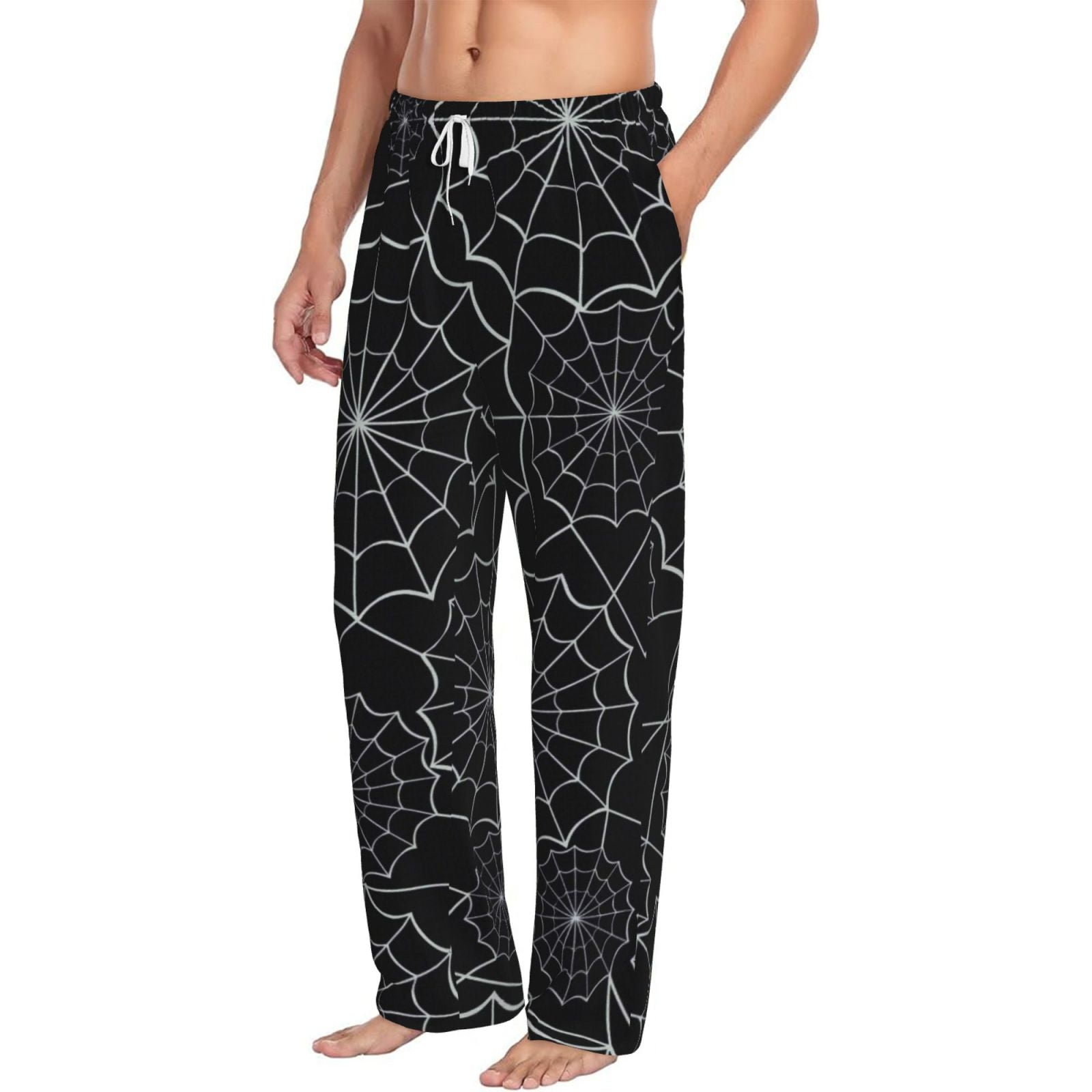 Goofa Spider Web Black Printed Soft Pajama Pants for Men, Wide Leg