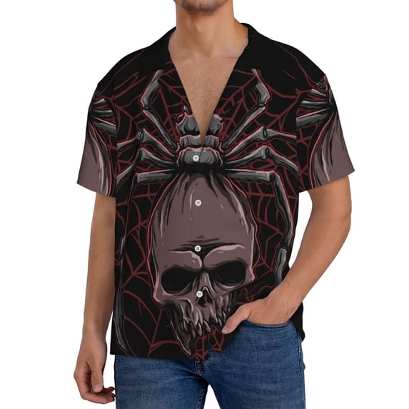 Goofa Spider with Skull Printed Men's Casual Short-sleeved Shirt,Lightweight Breathable Button-down,Summer Casual men's top,Versatile Fashion shirt-