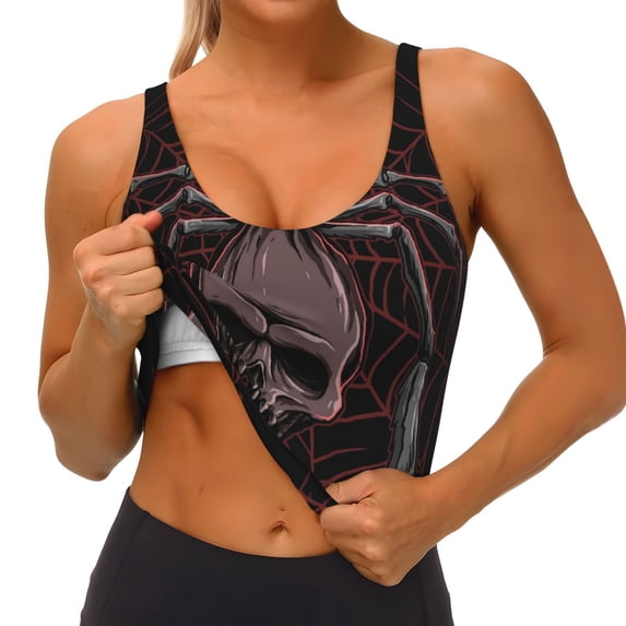 Goofa Spider with Skull Printed Sports Bras for Women, High Impact Running Bra Workout Crop Tank Tops Longline Sports Bra Push up-XX-Large