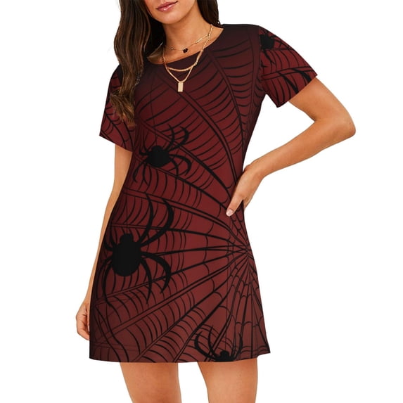 Goofa Spiders On A Web Print Women’s Cotton Nightdress – Short-Sleeved Sleep Dress, Casual Loose-Fit Lounge Wear, Comfortable and Stylish Sleepwear for Women