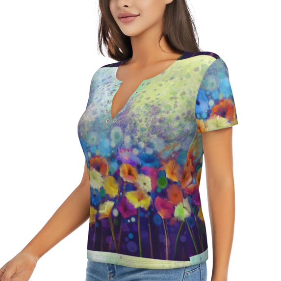 Goofa Spring Flower Seasonal Pattern Womens Deep V Neck Low Cut Tops Casual Summer Short Sleeve Ribbed Knit T-Shirts-X-Large
