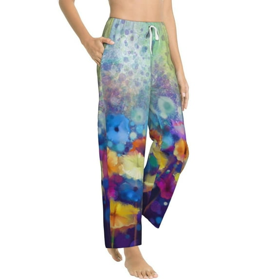 Goofa Spring Flower Seasonal Printed Soft Pajama Pants for Women, Wide Leg Comfy Casual Lounge Yoga Pants-Medium
