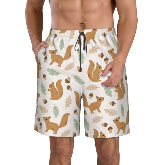 Goofa Squirrel And Leaves Printed Mens Swim Trunks Summer Quick Dry Short Beach Swimwear Bathing Suits-Small