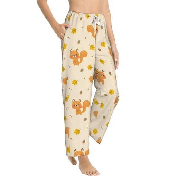 Goofa Squirrel And Leaves Printed Soft Pajama Pants for Women, Wide Leg Comfy Casual Lounge Yoga Pants-Large