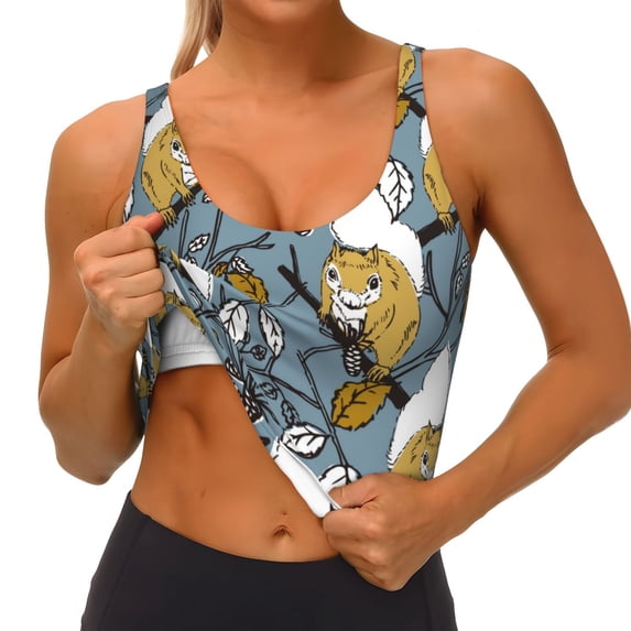 Goofa Squirrel And Leaves Printed Sports Bras for Women, High Impact Running Bra Workout Crop Tank Tops Longline Sports Bra Push up-Medium