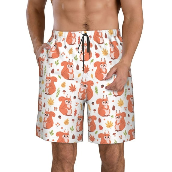 Goofa Squirrel And Maple Leaf Printed Mens Swim Trunks Summer Quick Dry Short Beach Swimwear Bathing Suits-XX-Large