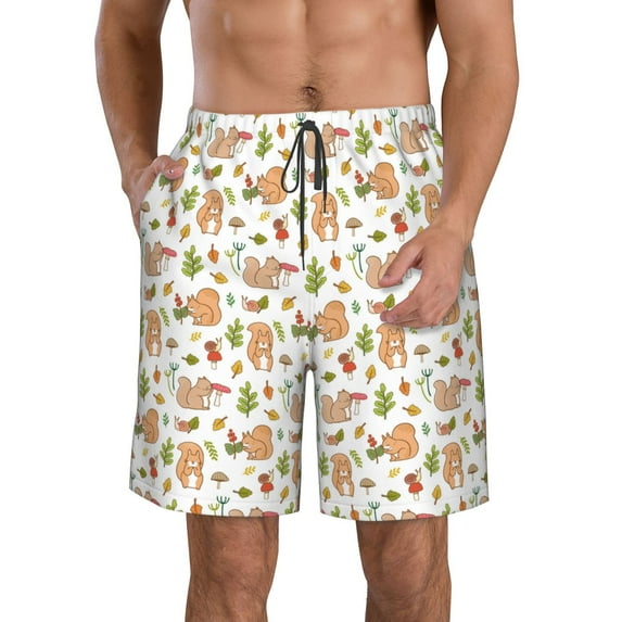 Goofa Squirrel And Mushroom Printed Mens Swim Trunks Summer Quick Dry Short Beach Swimwear Bathing Suits-