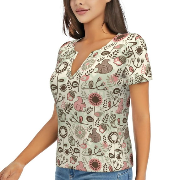 Goofa Squirrel In The Forest Pattern Womens Deep V Neck Low Cut Tops Casual Summer Short Sleeve Ribbed Knit T-Shirts-Small