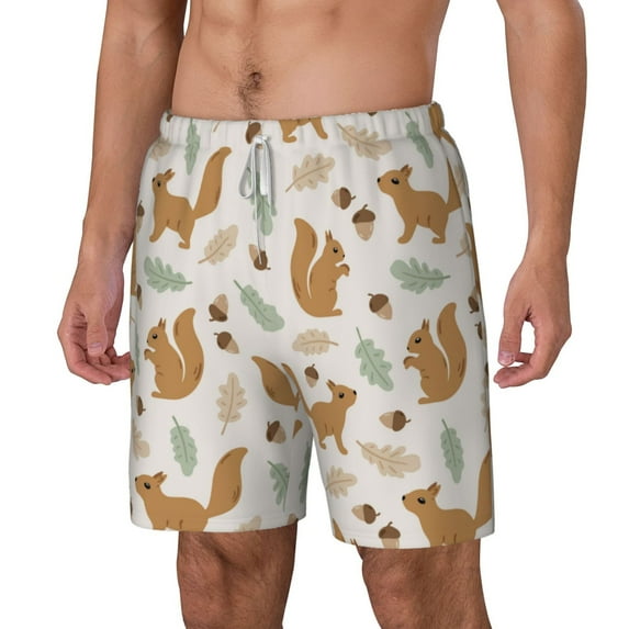 Goofa Squirrel And Leaves Printed Men's Swim Trunks Board Shorts Quick Dry Mens Swimming Trunks with Compression Liner,Breathable Fit Hawaii Beach Shorts-Large