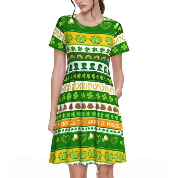 Goofa St. Patrick's day in green colors Pattern Women Summer Short Sleeve Midi Dress with Pockets Casual Aline Flowy Tshirt Dress Vocation Beach Sundress