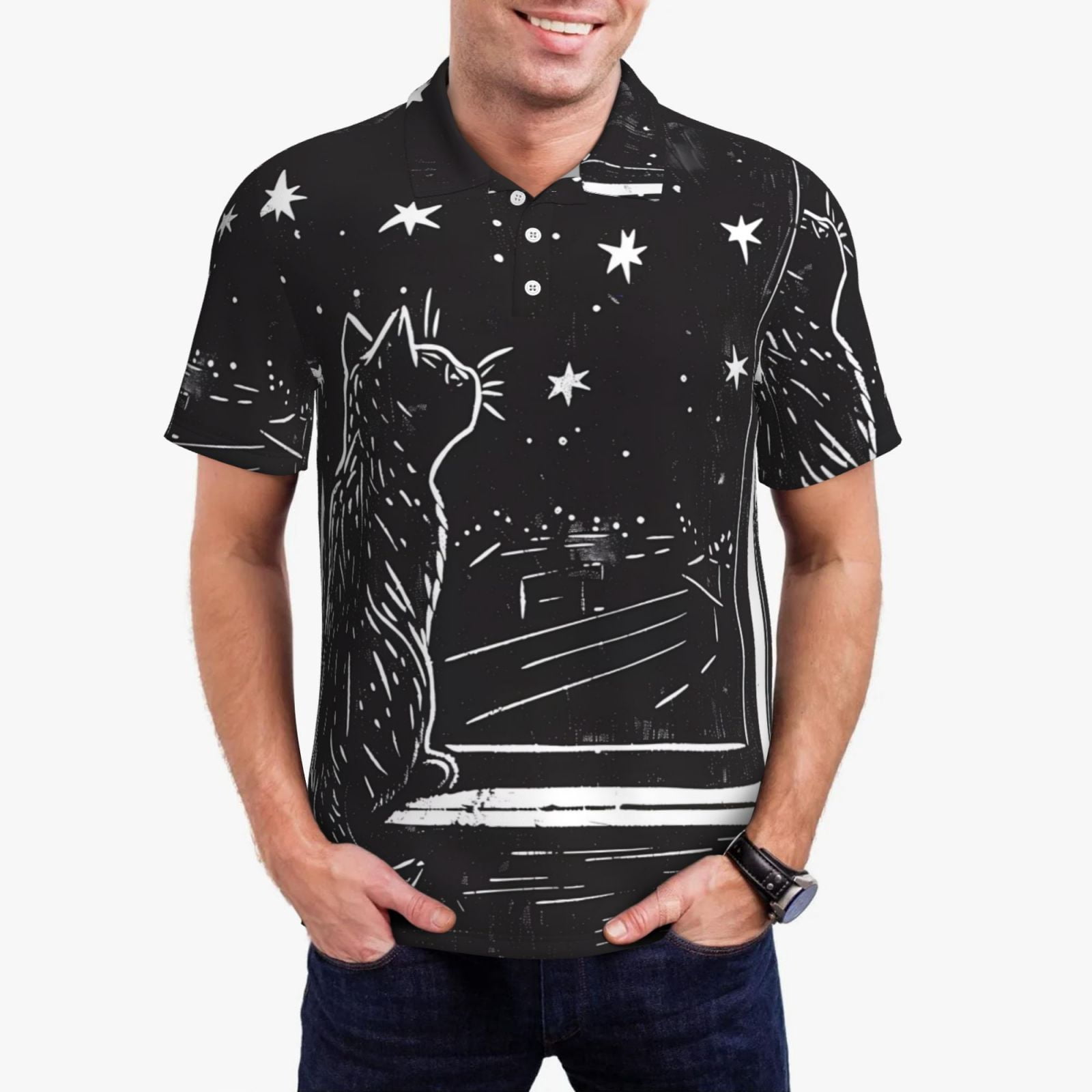 Cute Cartoon Doodle Cat Print Men's Golf Shirts main image 1