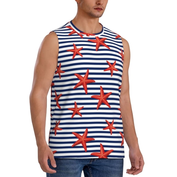 Goofa Starfish Navy Blue Stripe Printed Men's Sleeveless T-Shirt - Athletic Gym Workout Tank Top for Men - Moisture-Wicking, UPF 30+ Quick-Dry Muscle Tee-3X-Large