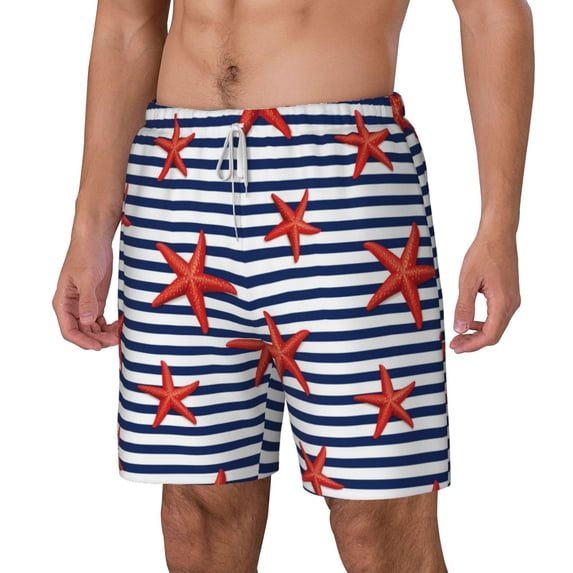Goofa Starfish Navy Blue Stripe Printed Men's Swim Trunks Board Shorts Quick Dry Mens Swimming Trunks with Compression Liner,Breathable Fit Hawaii Beach Shorts-X-Large