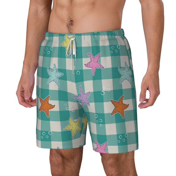 Goofa Starfish On Checkered Background Printed Men's Swim Trunks Board Shorts Quick Dry Mens Swimming Trunks with Compression Liner,Breathable Fit Hawaii Beach Shorts-Small
