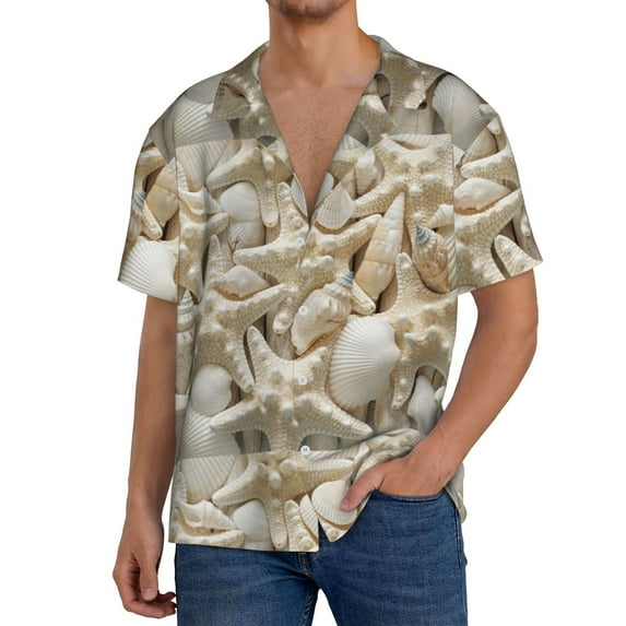 Goofa Starfish and Sea Shells Printed Men's Casual Short-sleeved Shirt,Lightweight Breathable Button-down,Summer Casual men's top,Versatile Fashion shirt-Small