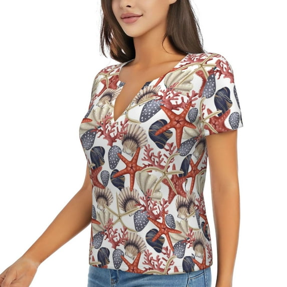 Goofa Starfish Shell Pattern Womens Deep V Neck Low Cut Tops Casual Summer Short Sleeve Ribbed Knit T-Shirts-Small
