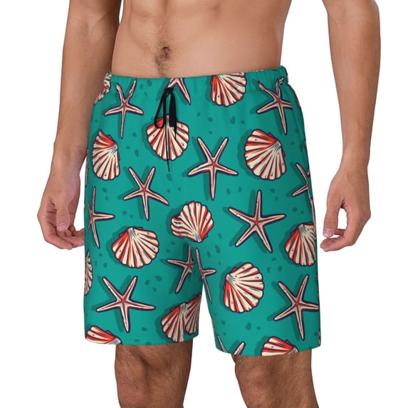 Goofa Starfish and Shell Printed Men's Swim Trunks Board Shorts Quick Dry Mens Swimming Trunks with Compression Liner,Breathable Fit Hawaii Beach Shorts-Small