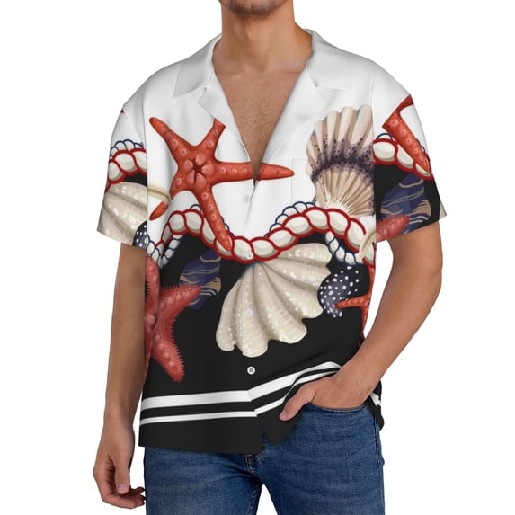 Goofa Starfishes Shells Printed Men's Casual Short-sleeved Shirt,Lightweight Breathable Button-down,Summer Casual men's top,Versatile Fashion shirt-4X-Large