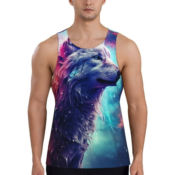 Goofa Starry Multicolored Wolf Pattern Men's Workout Tank Top Slim-Fit Tank Quick Dry Fit Muscle Tank Top Beach Tank Top Bodybuilding Sleeveless T Shirt-Small