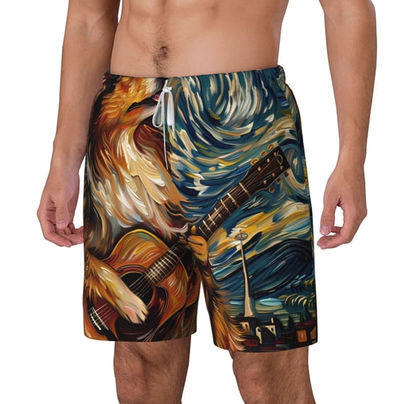 Goofa Starry Night Guitar Dog Printed Men's Swim Trunks Board Shorts Quick Dry Mens Swimming Trunks with Compression Liner,Breathable Fit Hawaii Beach Shorts-Medium