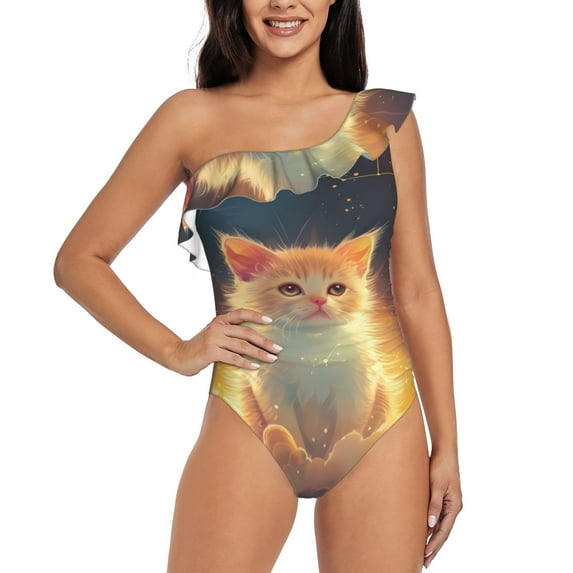 Goofa Starry Sky Constellation Cat Pattern Women's One Piece Swimsuits Tummy Control Bathing Suits Asymmetric One Shoulder Swimwear-Large