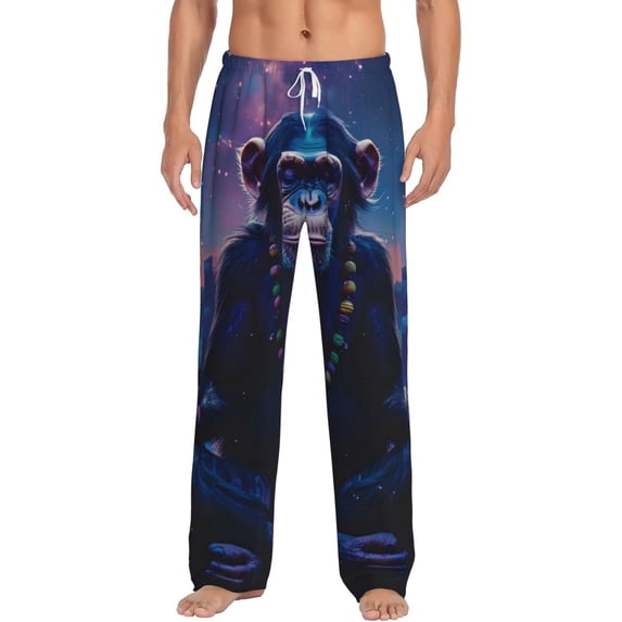 Goofa Starry Sky Meditating Chimpanzees Pattern Printed Soft Pajama Pants for Men, Wide Leg Comfy Casual Lounge Yoga Pants-X-Large
