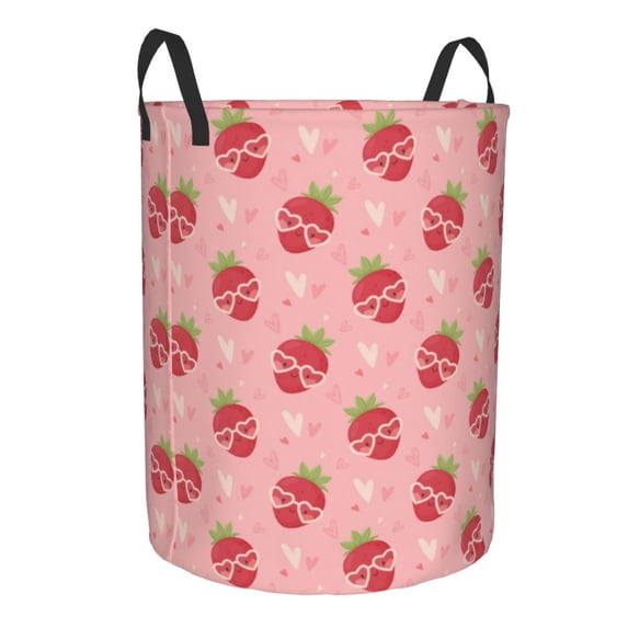 Goofa Strawberries Printed Circular Hamper,Laundry Basket with Handles,Storage Baskets Foldable,Large Capacity Laundry Hamper-